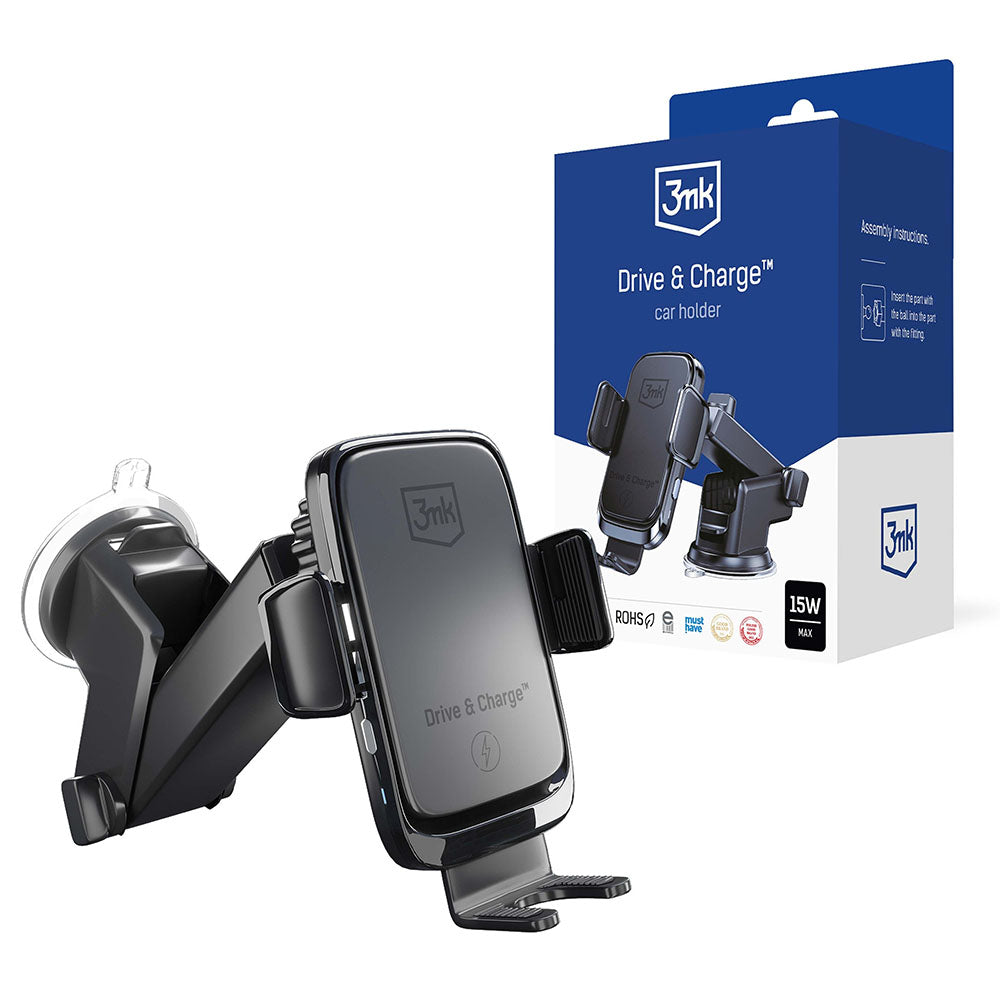 Auto punjač Wireless 3MK Drive&Charge, 15W, 1.67A, Crni