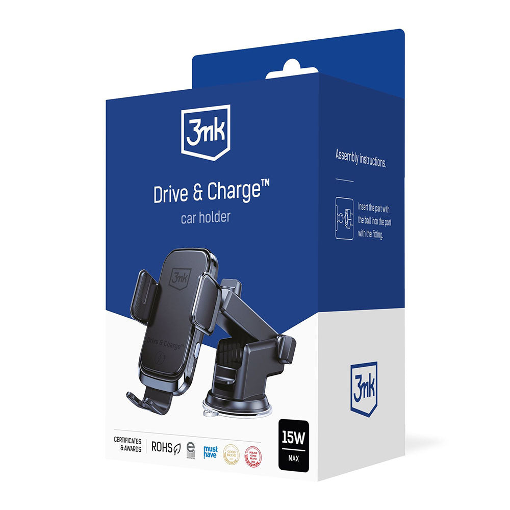 Auto punjač Wireless 3MK Drive&Charge, 15W, 1.67A, Crni