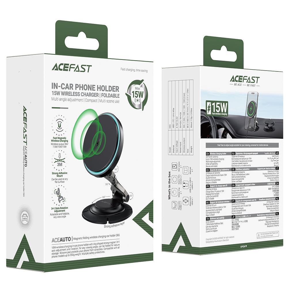 Auto bežični punjač Acefast D65, 15W, 1.67A, Crni