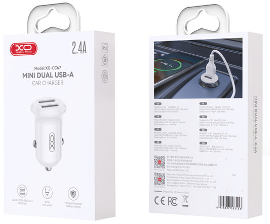 Auto punjač XO Design CC67, 12W, 2.4A, 2 x USB-A, Beli