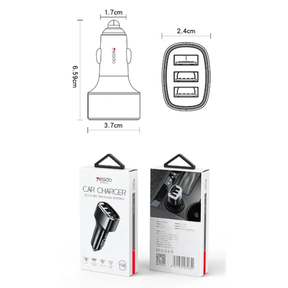Auto punjač Yesido Y46, 42W, 3A, 3 x USB-A, Crni