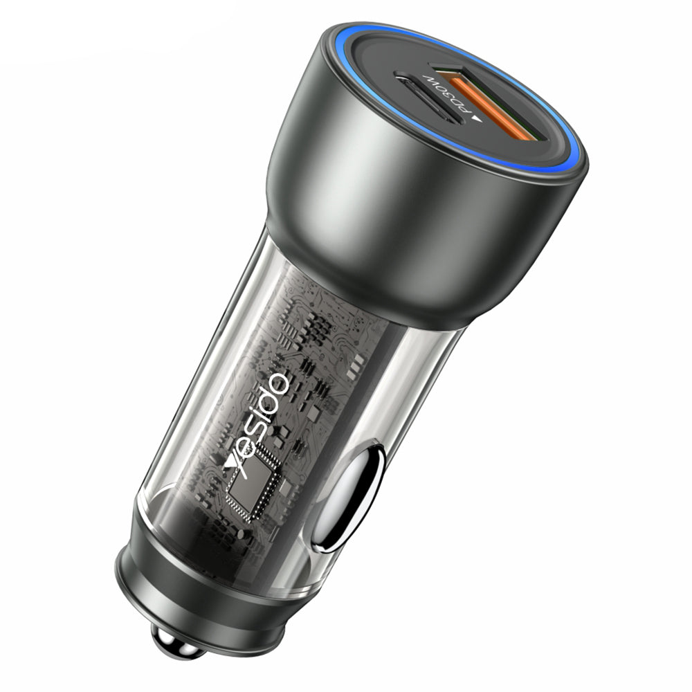 Auto punjač Yesido Y49, 30W, 3A, 1 x USB-A - 1 x USB-C, Sivi