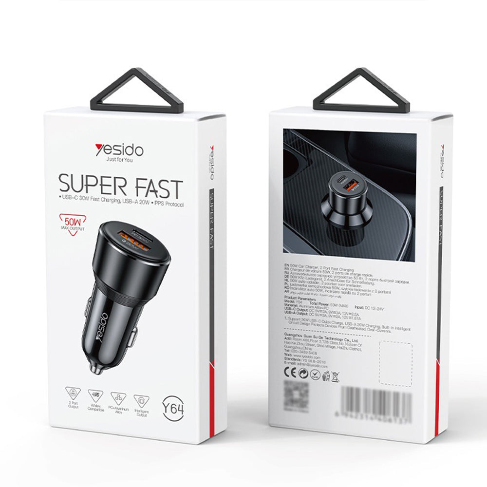 Auto punjač Yesido Y64, 50W, 3A, 1 x USB-A - 1 x USB-C, Crni