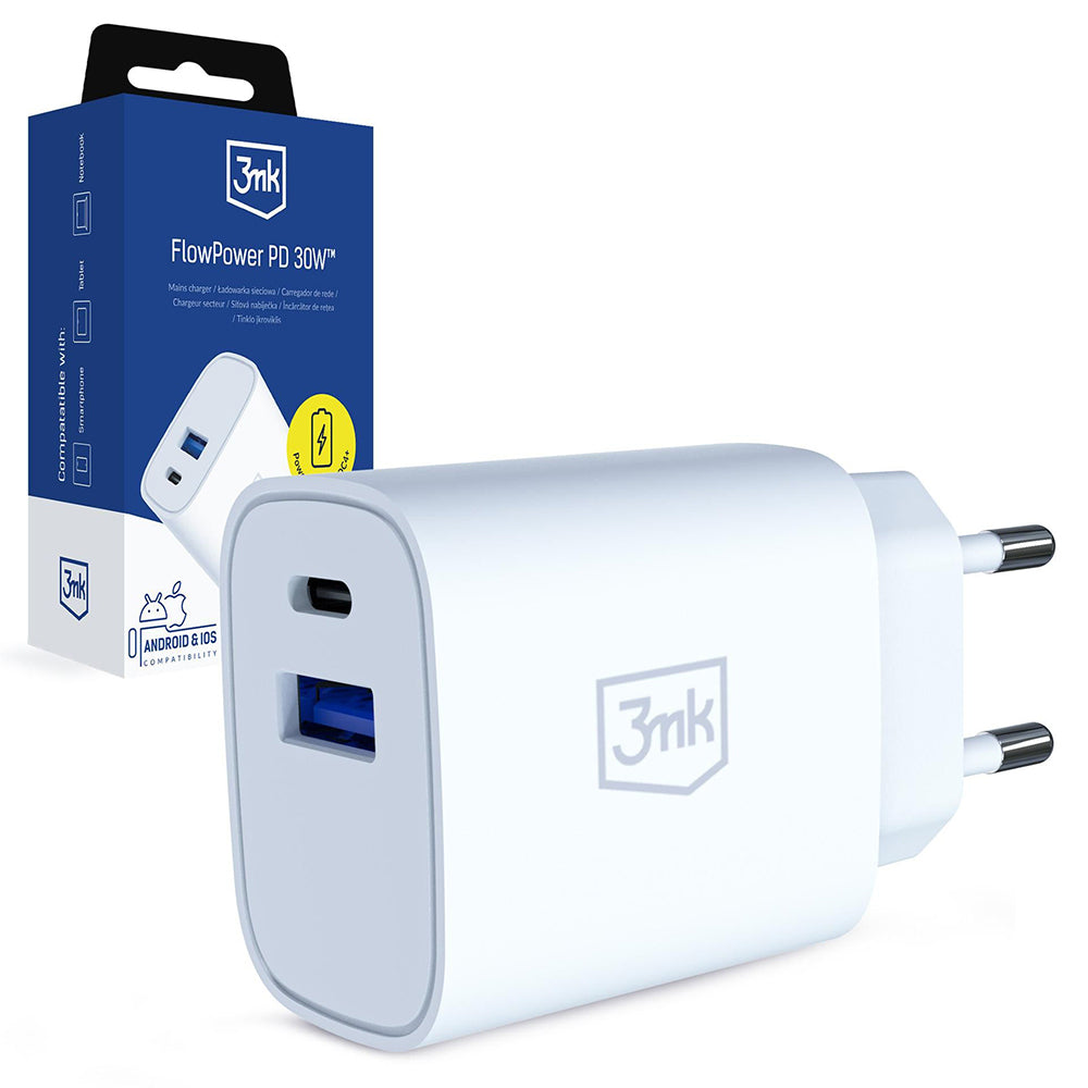 Punjač za mrežu 3MK FlowPower, 30W, 1 x USB-A - 1 x USB-C, Bela