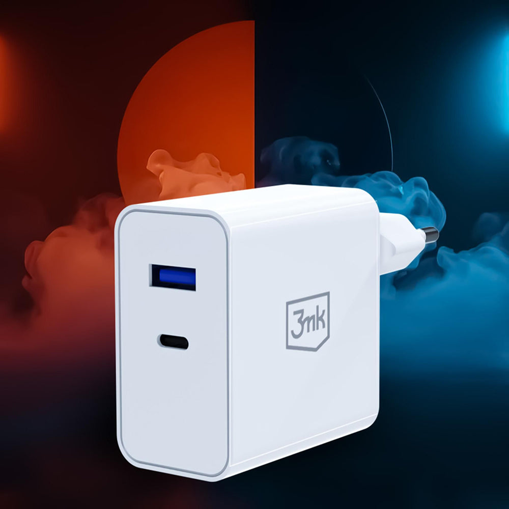 Punjač za mrežu 3MK FlowPower, 45W, 1 x USB-A - 1 x USB-C, Bela