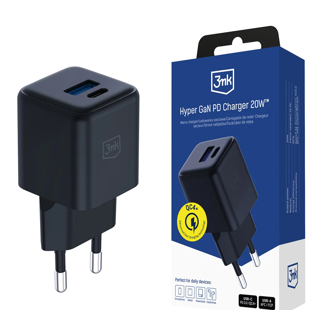 Punjač mreže 3MK Hyper, 20W, 3A, 1 x USB-A - 1 x USB-C, Crni