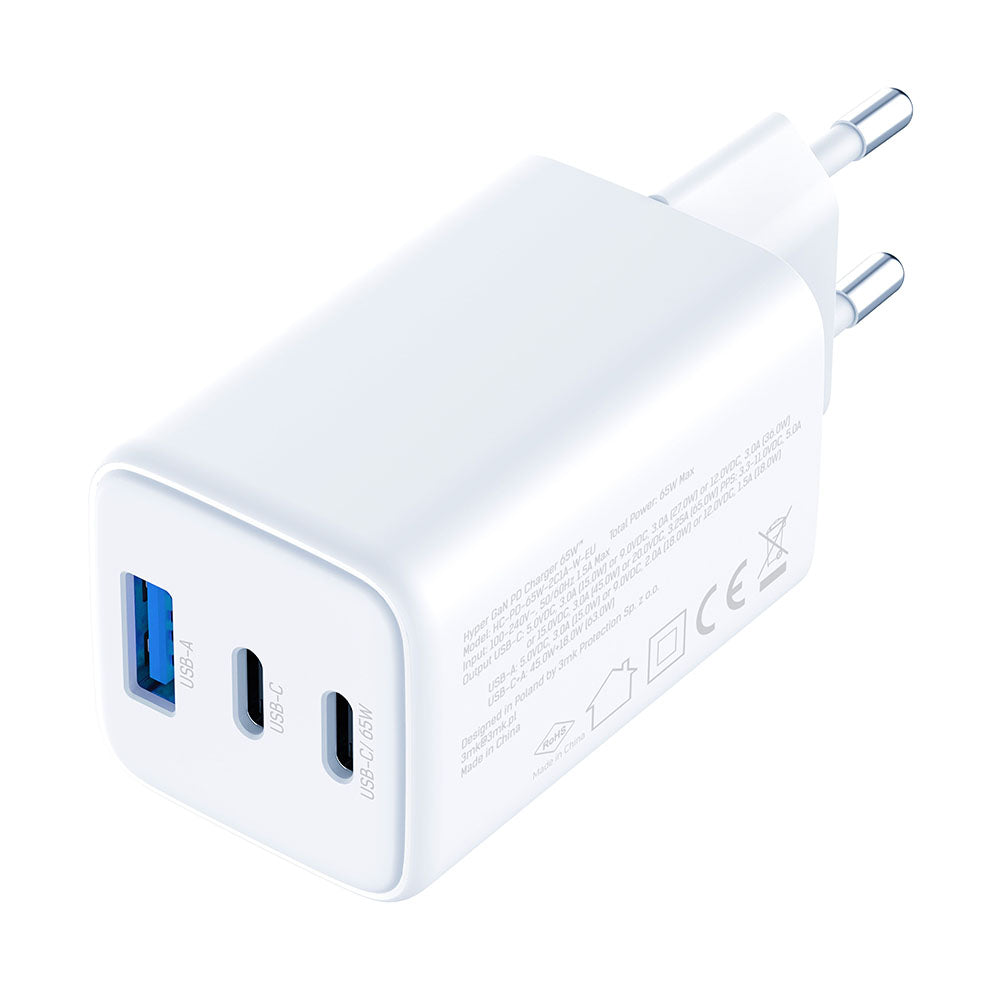 Punjač mreže 3MK Hyper, 65W, 3.25A, 1 x USB-A - 2 x USB-C, Beli