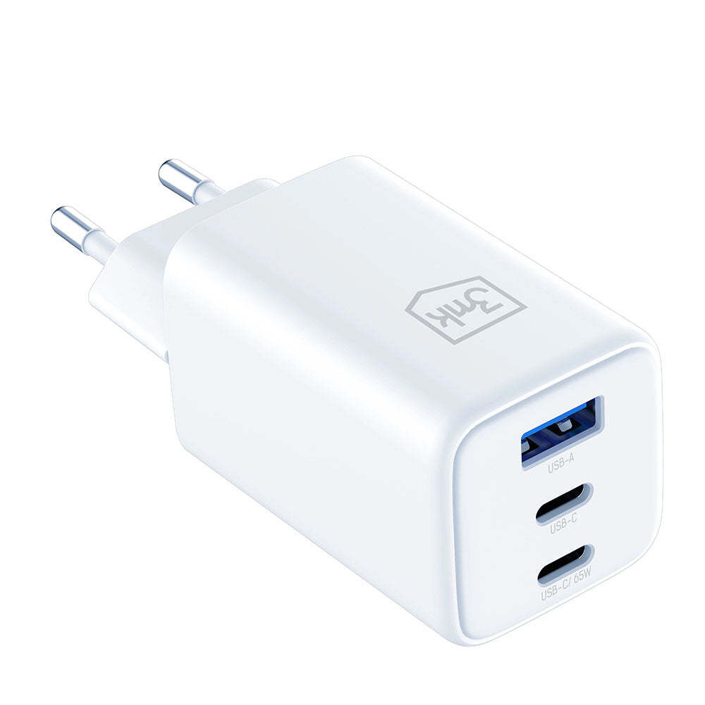 Punjač mreže 3MK Hyper, 65W, 3.25A, 1 x USB-A - 2 x USB-C, Beli