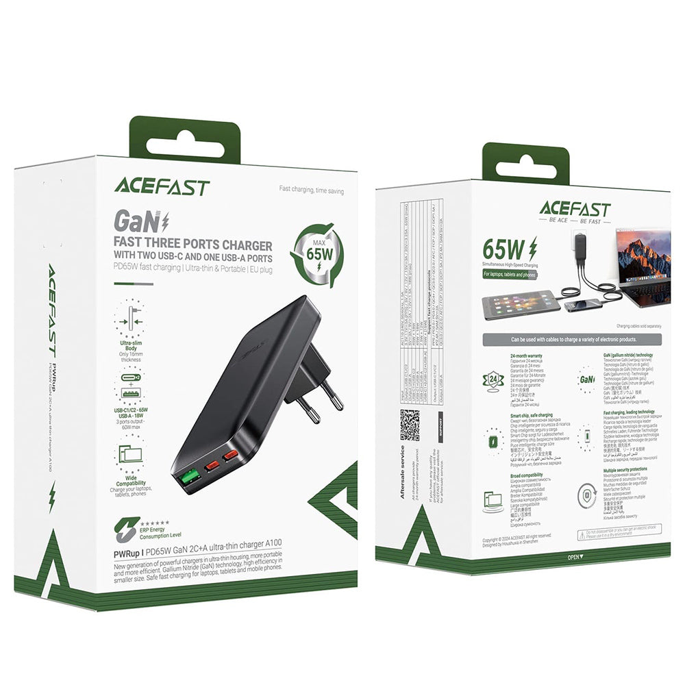 Punjač mreže Acefast A100, 65W, 3.25A, 1 x USB-A - 2 x USB-C, Crni