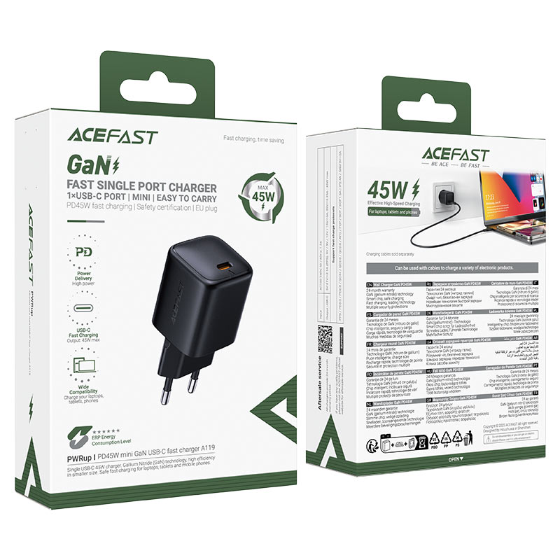 Punjač mreže Acefast A119, 45W, 3A, 1 x USB-C, Crni