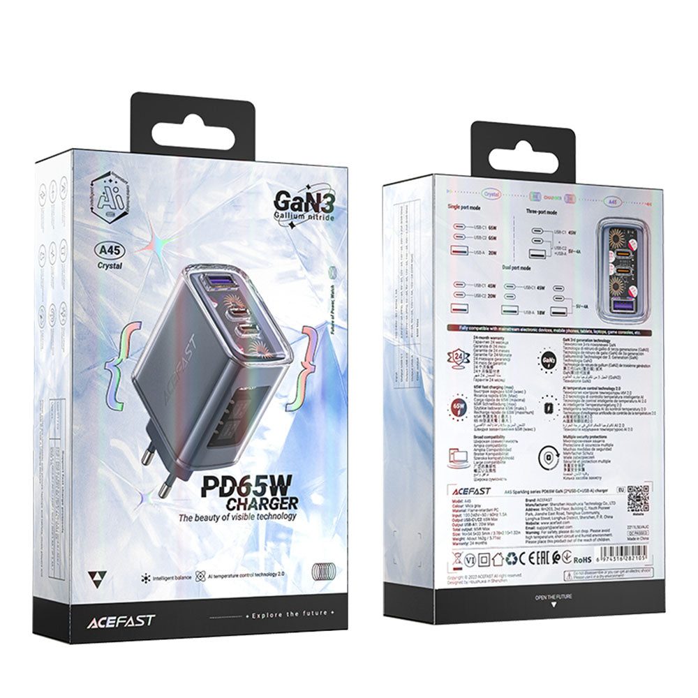 Punjač za mrežu Acefast A45 Exploration, 65W, 3.25A, 1 x USB-A - 2 x USB-C, Sivi