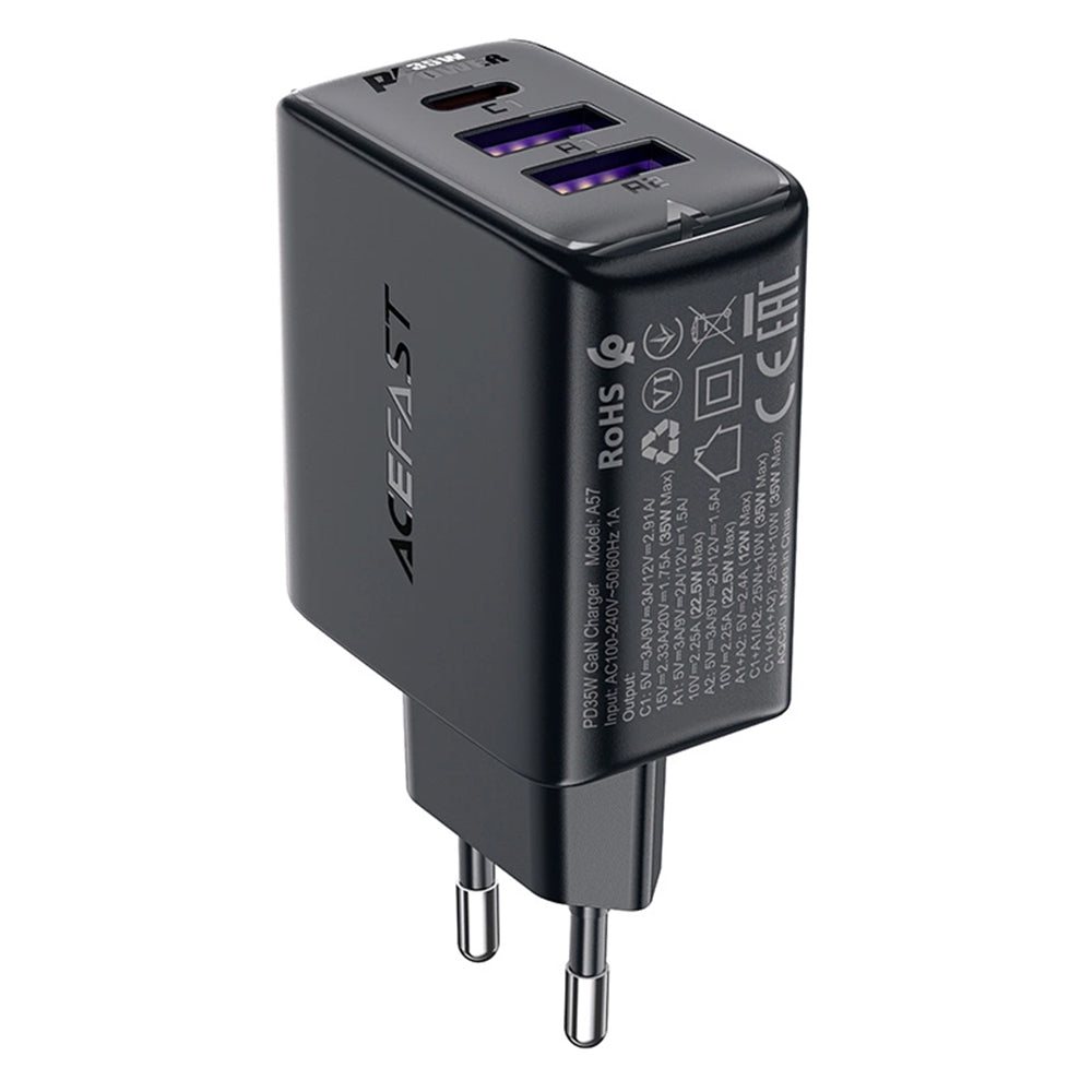 Punjač mreže Acefast A57, 35W, 3A, 2 x USB-A - 1 x USB-C, Crni