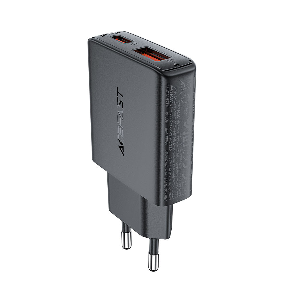 Punjač mreže Acefast A69, 30W, 3A, 1 x USB-A - 1 x USB-C, Crni