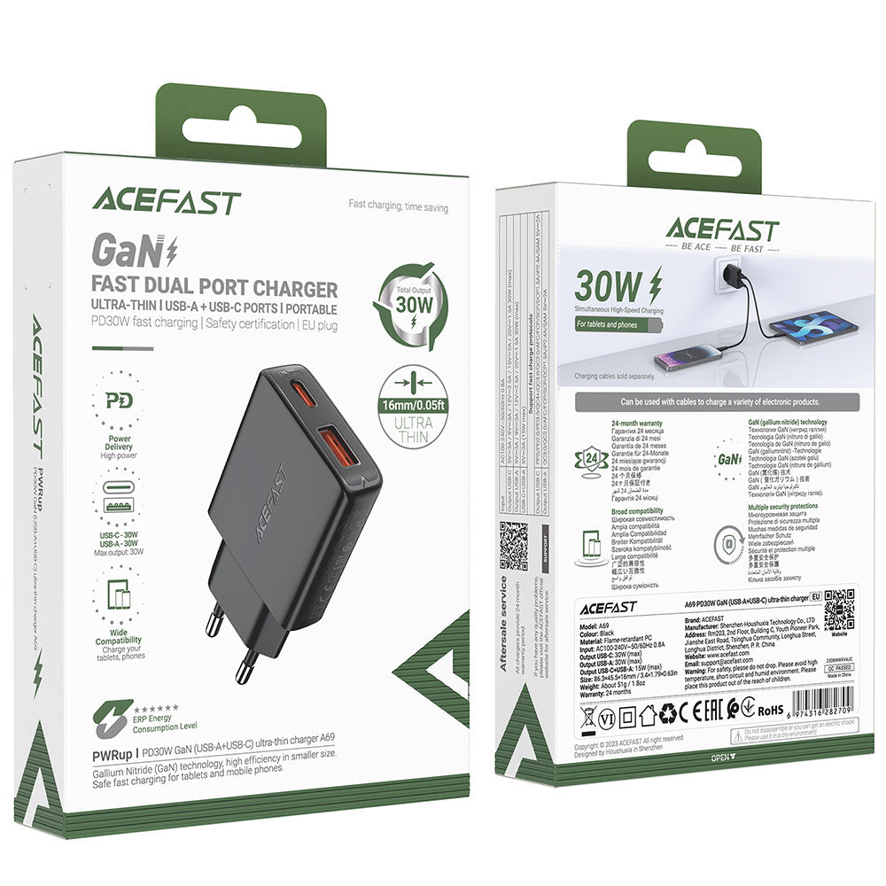 Punjač mreže Acefast A69, 30W, 3A, 1 x USB-A - 1 x USB-C, Crni