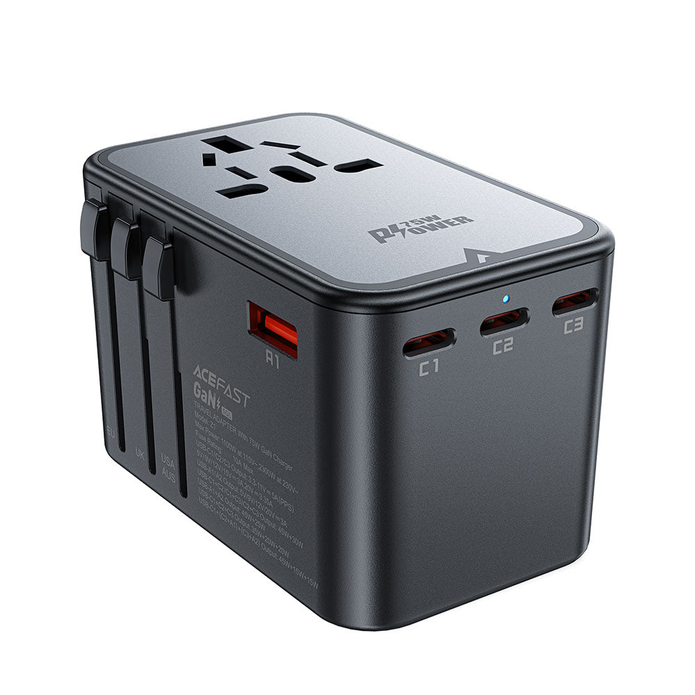 Punjač za mrežu Acefast Travel Z1, 75W, 3.35A, 2 x USB-A - 3 x USB-C, Crni