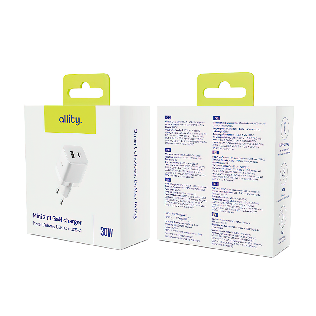 Punjač mreže Allity. ATC-01-30WAC Mini, 30W, 3A, 1 x USB-A - 1 x USB-C, Beli