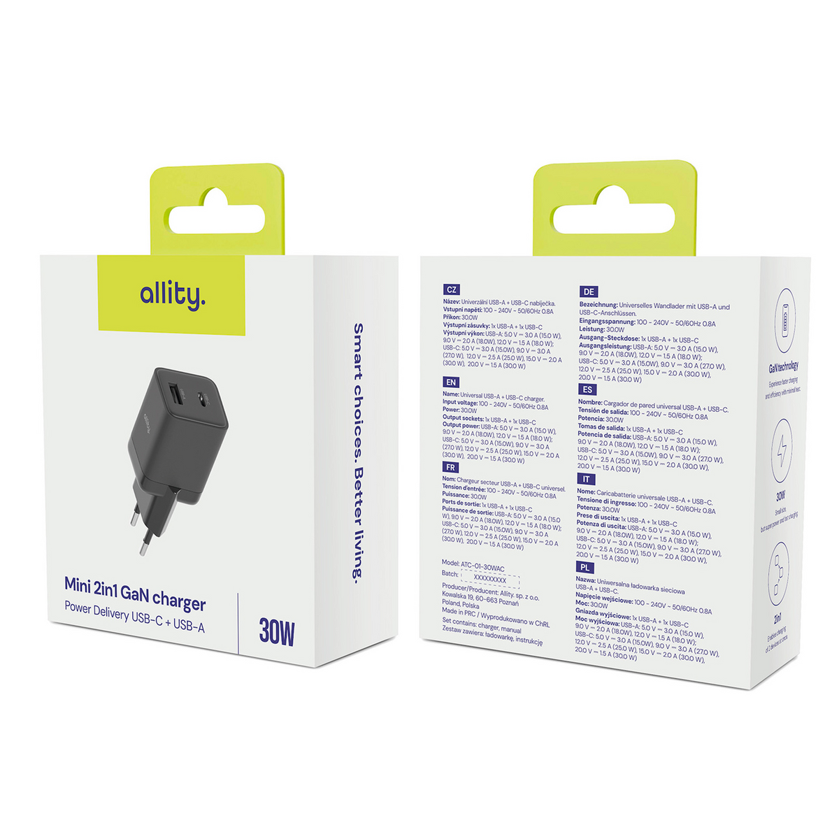 Punjač mreže Allity. ATC-01-30WAC Mini, 30W, 3A, 1 x USB-A - 1 x USB-C, Crna