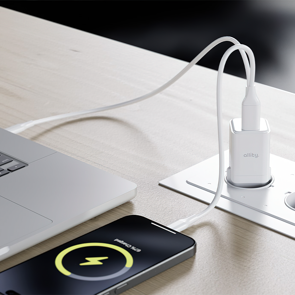 Punjač mreže Allity. ATC-01-30WAC Mini, 30W, 3A, 1 x USB-A - 1 x USB-C, Beli