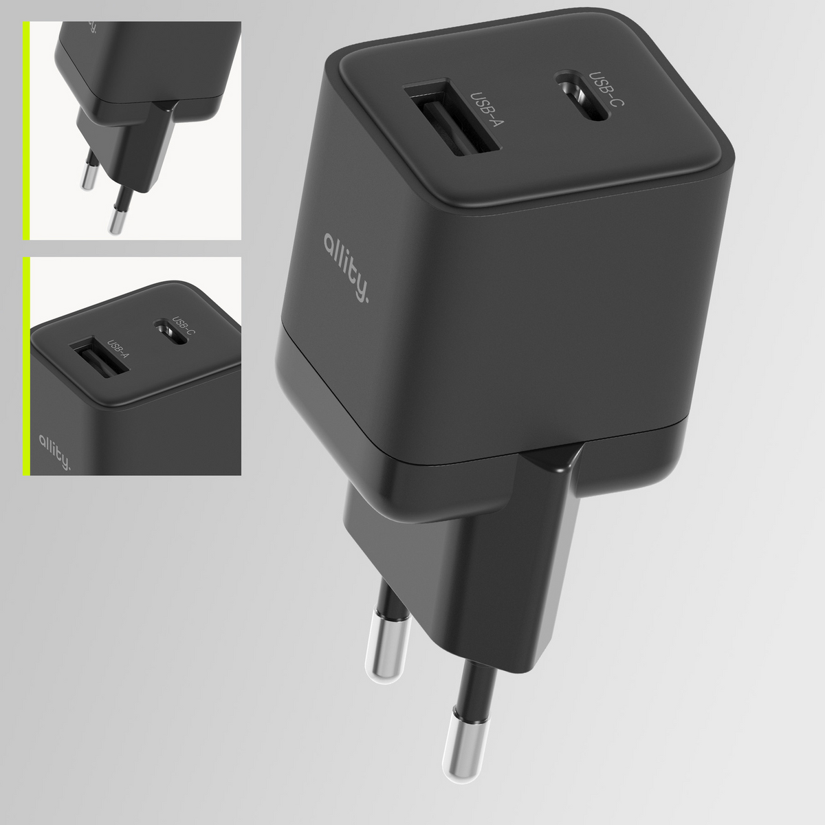 Punjač mreže Allity. ATC-01-30WAC Mini, 30W, 3A, 1 x USB-A - 1 x USB-C, Crna