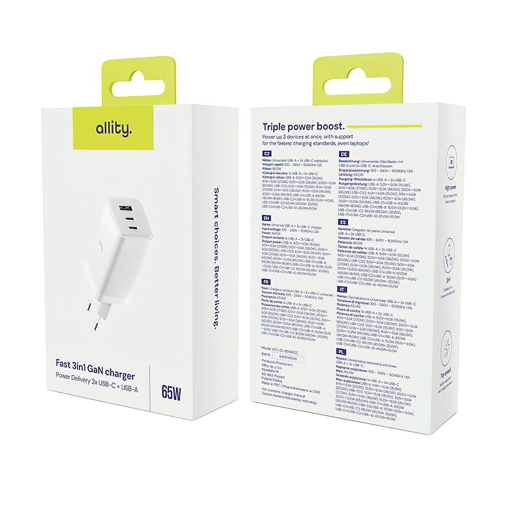 Punjač mreže Allity. ATC-01-65WACC Fast, 65W, 3.25A, 1 x USB-A - 2 x USB-C, Beli