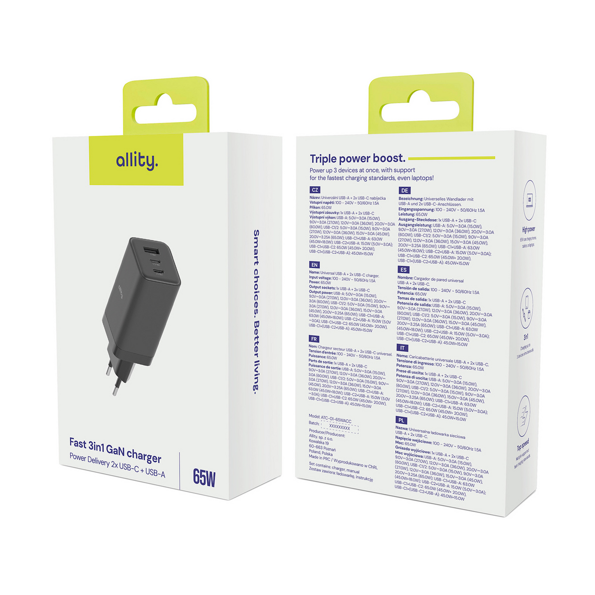 Punjač mreže Allity. ATC-01-65WACC Fast, 65W, 3.25A, 1 x USB-A - 2 x USB-C, Crna
