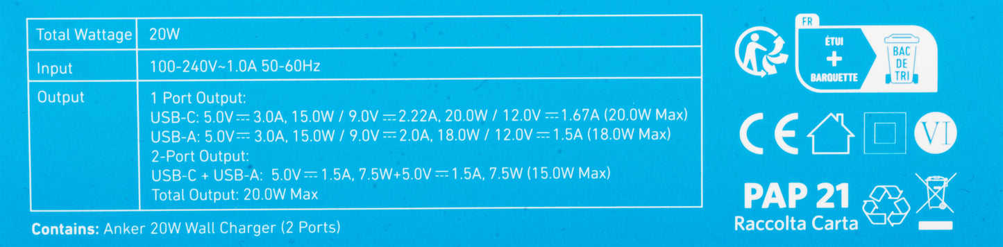 Punjač Anker 312, 20W, 3A, 1 x USB-A - 1 x USB-C, Beli A2348G21