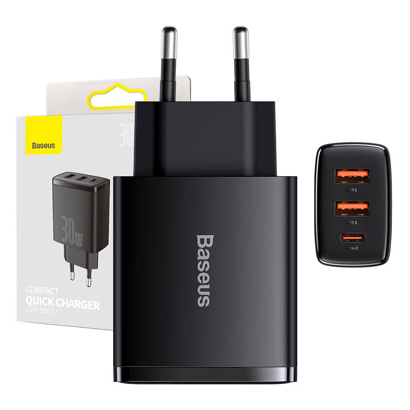 Punjač Baseus Compact, 30W, 3A, 1 x USB-C - 2 x USB-A, Crni CCXJ-E01