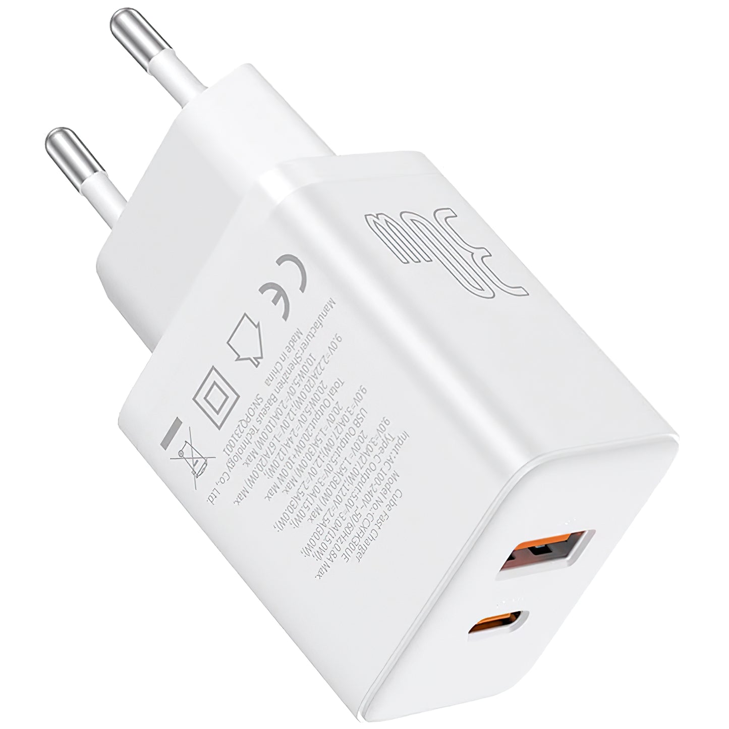 Punjač Baseus Cube, 30W, 2.4A, 1 x USB-A - 1 x USB-C, Beli P10111404213-00