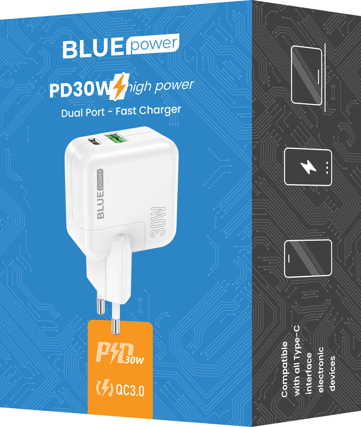 Punjač za mrežu BLUE Power BC111A, 30W, 3A, 1 x USB-A - 1 x USB-C, Beli
