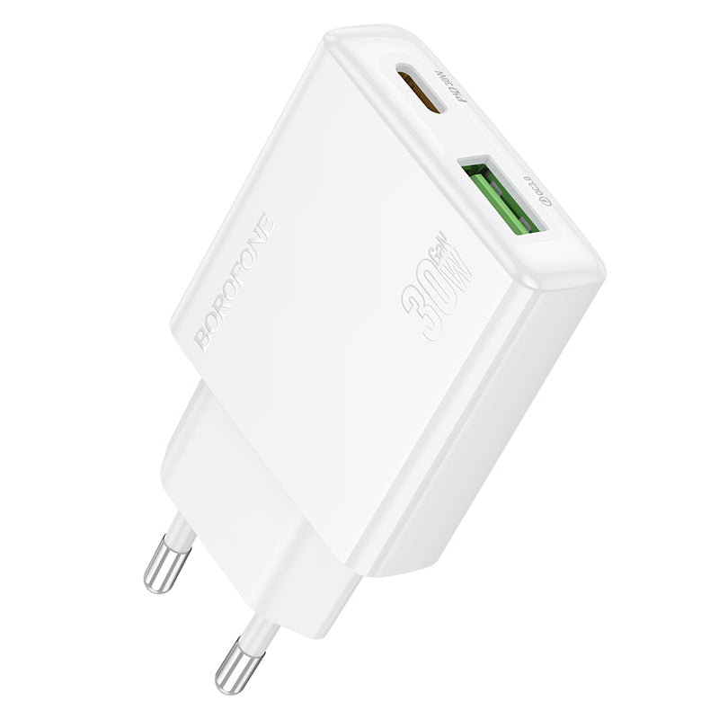 Punjač za mrežu Borofone BN25 Wish, 30W, 3A, 1 x USB-A - 1 x USB-C, Beli