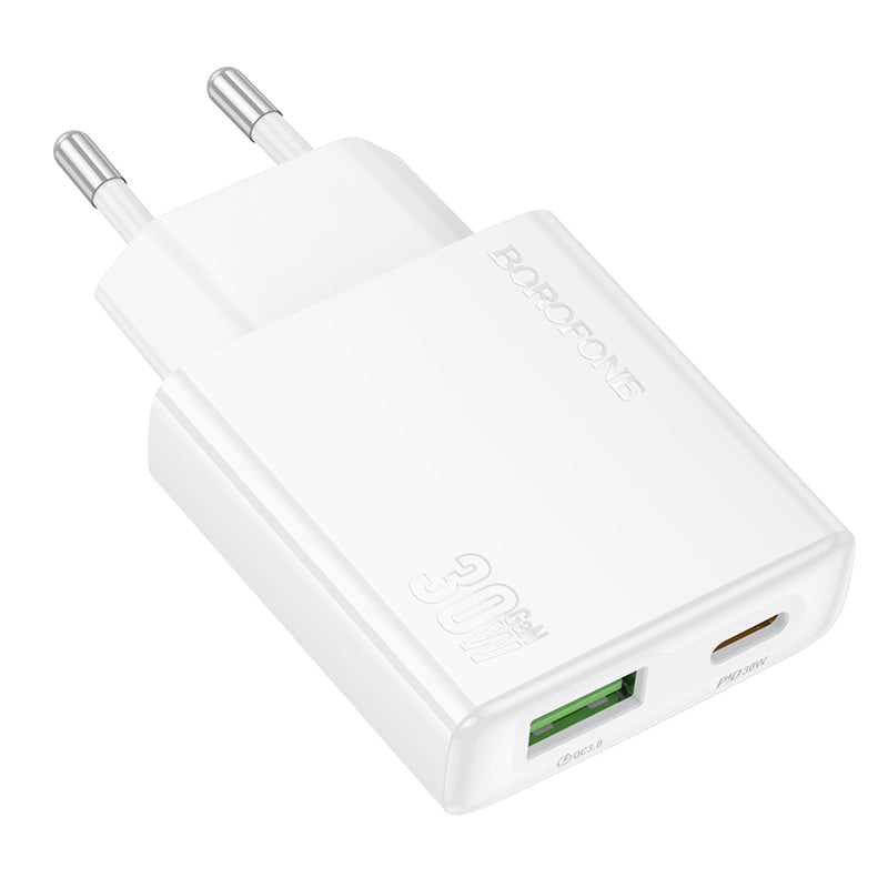 Punjač za mrežu Borofone BN25 Wish, 30W, 3A, 1 x USB-A - 1 x USB-C, Beli