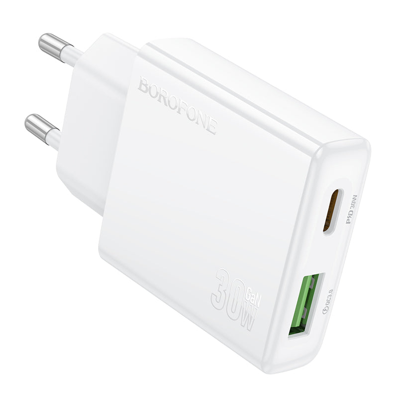 Punjač za mrežu Borofone BN25 Wish, 30W, 3A, 1 x USB-A - 1 x USB-C, Beli
