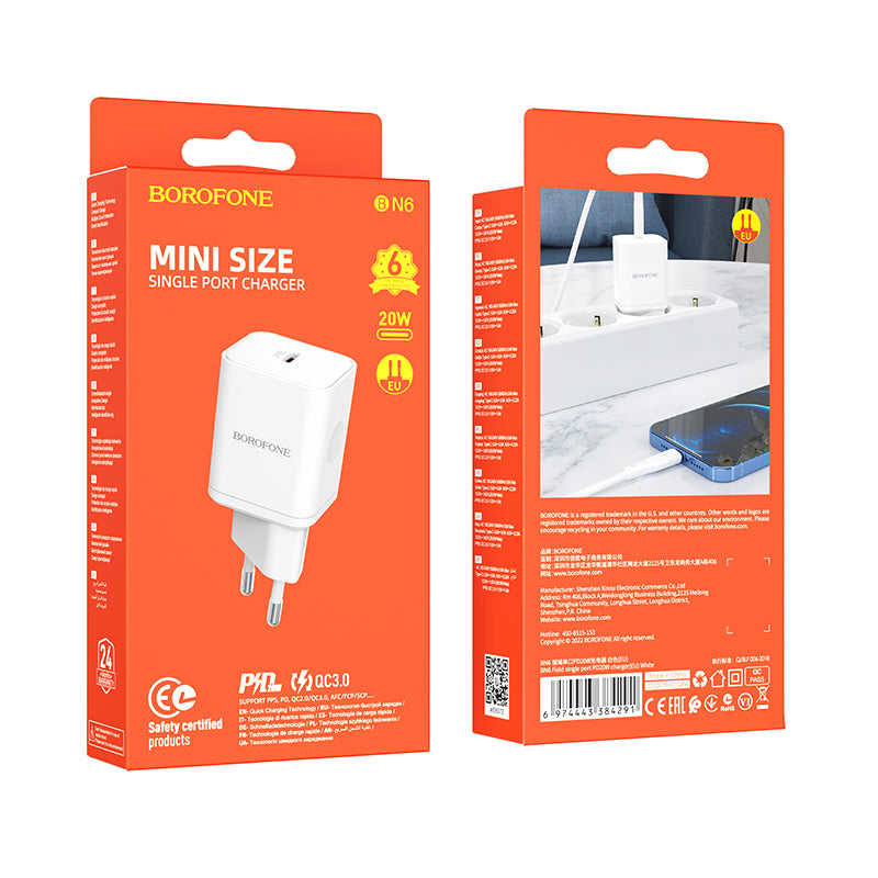Punjač mreže Borofone BN6 Field, 20W, 3A, 1 x USB-C, Beli