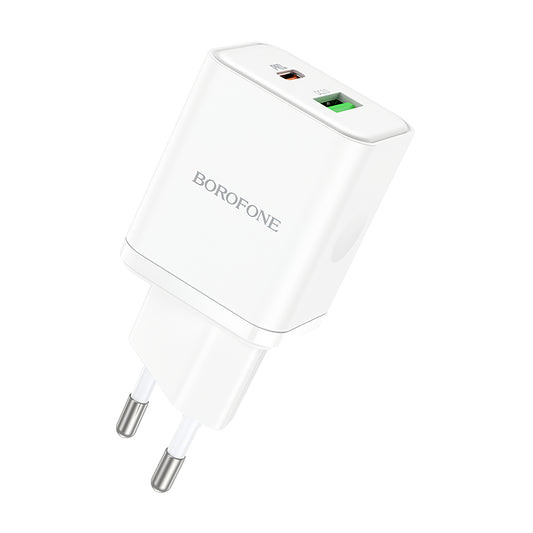 Punjač za mrežu Borofone BN7, 20W, 3A, 1 x USB-A - 1 x USB-C, Beli
