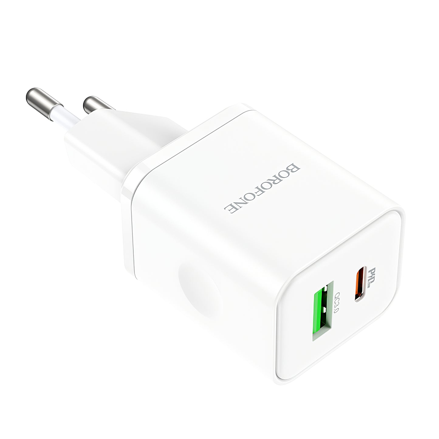 Punjač za mrežu Borofone BN7, 20W, 3A, 1 x USB-A - 1 x USB-C, Beli