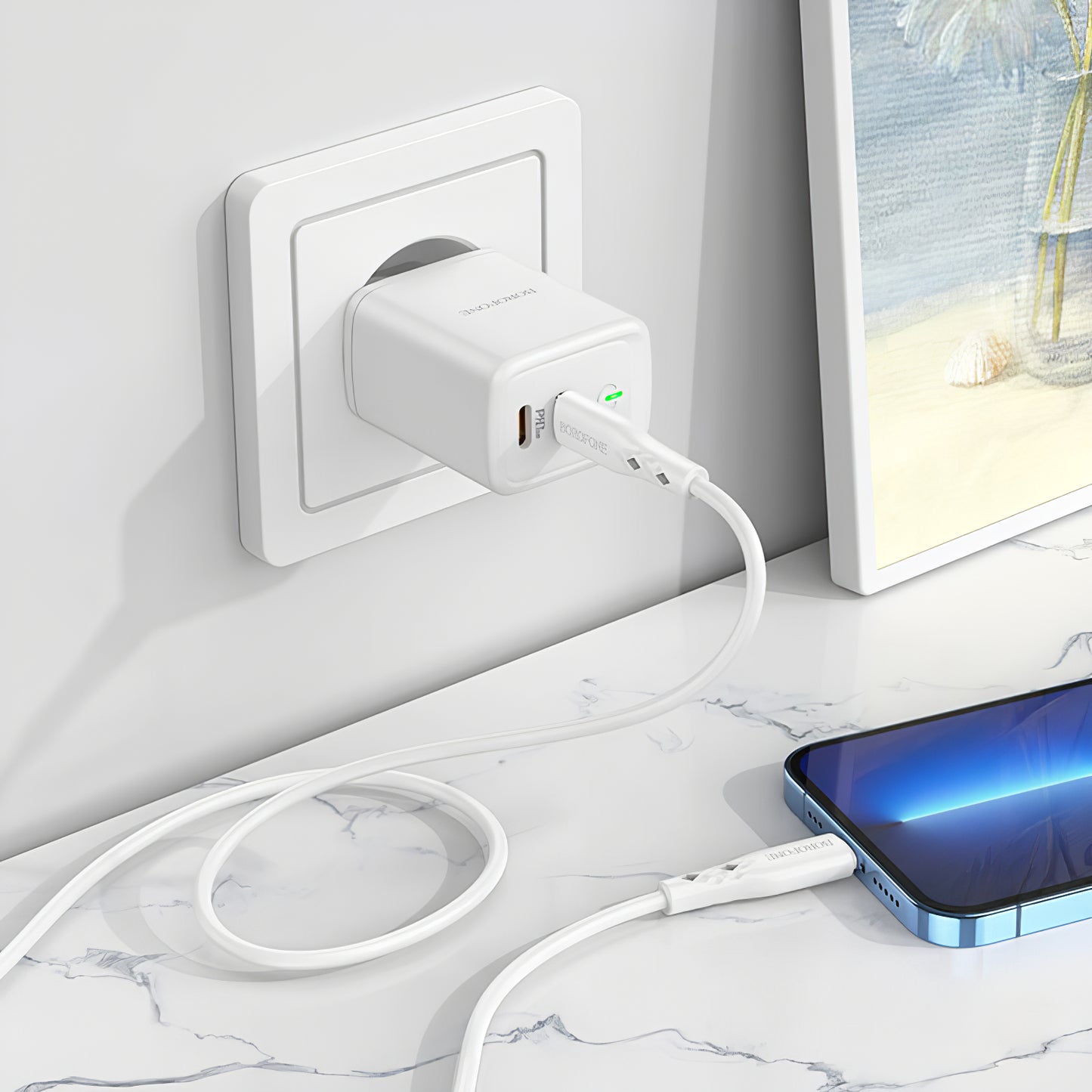 Punjač za mrežu Borofone BN9, 35W, 3A, 2 x USB-C, Beli
