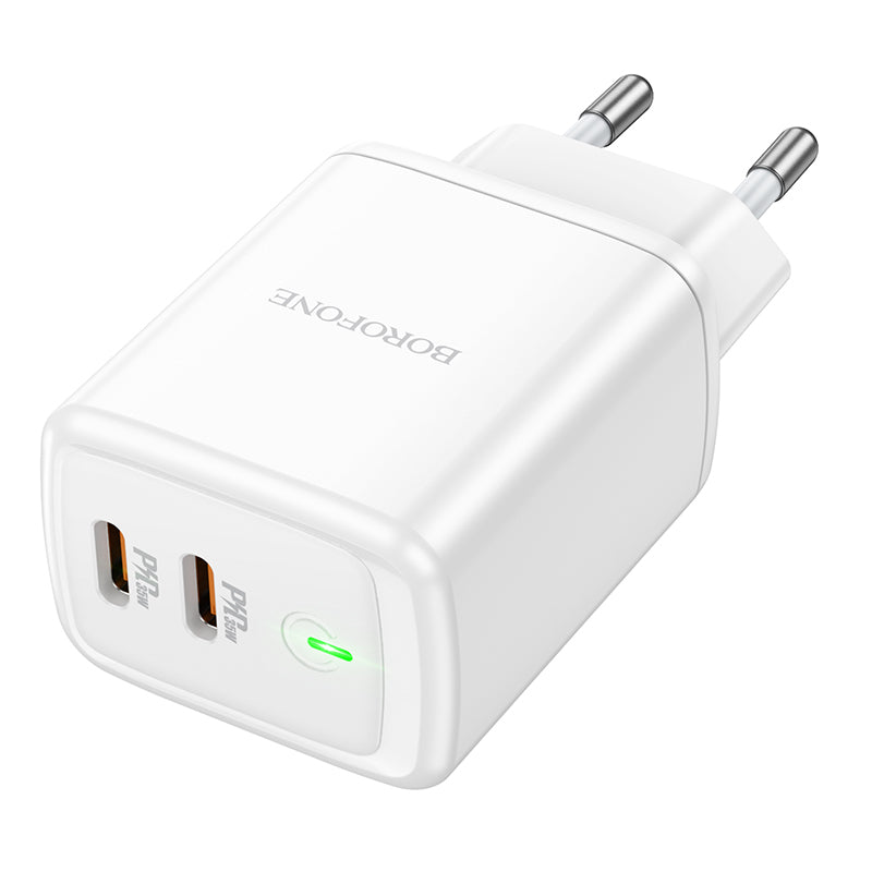 Punjač za mrežu Borofone BN9, 35W, 3A, 2 x USB-C, Beli