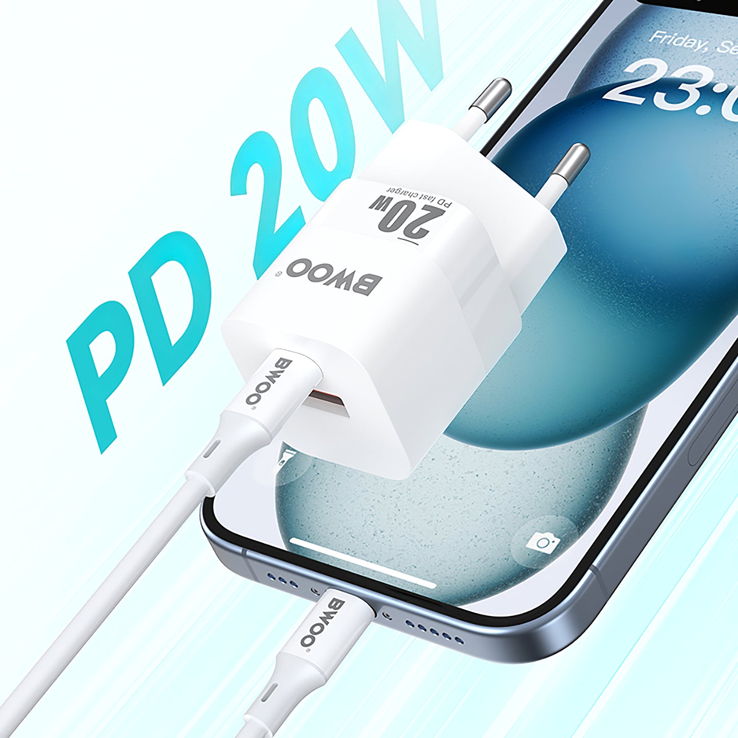 Punjač za mrežu BWOO BO-CDA156, 20W, 3A, 1 x USB-A - 1 x USB-C, Beli
