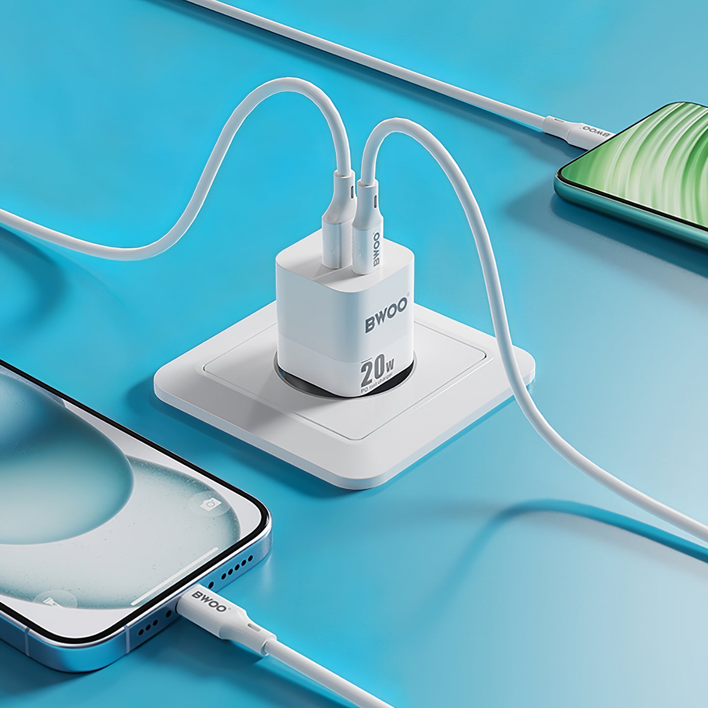 Punjač za mrežu BWOO BO-CDA156, 20W, 3A, 1 x USB-A - 1 x USB-C, Beli