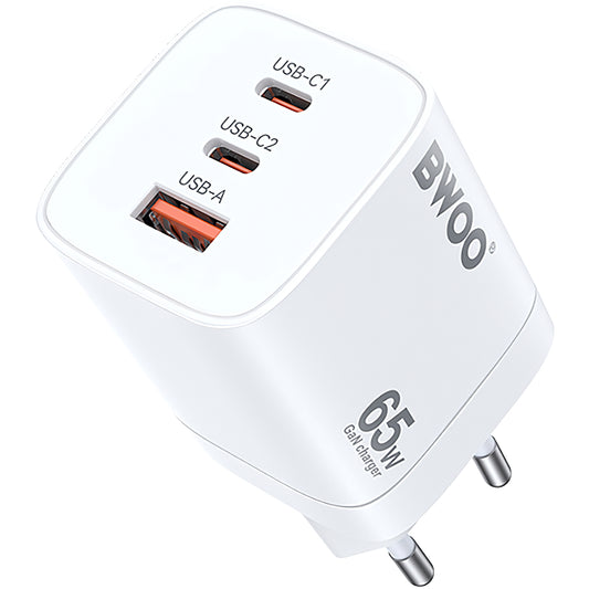 Punjač mreže BWOO CDA147, 65W, 4.5A, 1 x USB-A - 2 x USB-C, Beli