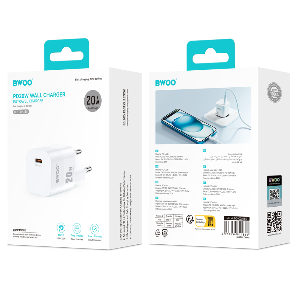 Punjač za mrežu BWOO CDA155, 20W, 3A, 1 x USB-C, Bela