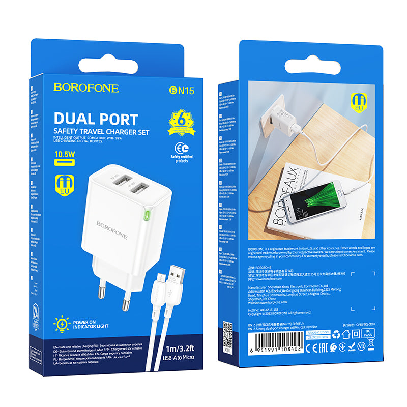 Punjač za mrežu sa microUSB kablom Borofone BN15 Strong, 10.5W, 2.1A, 2 x USB-A, Beli