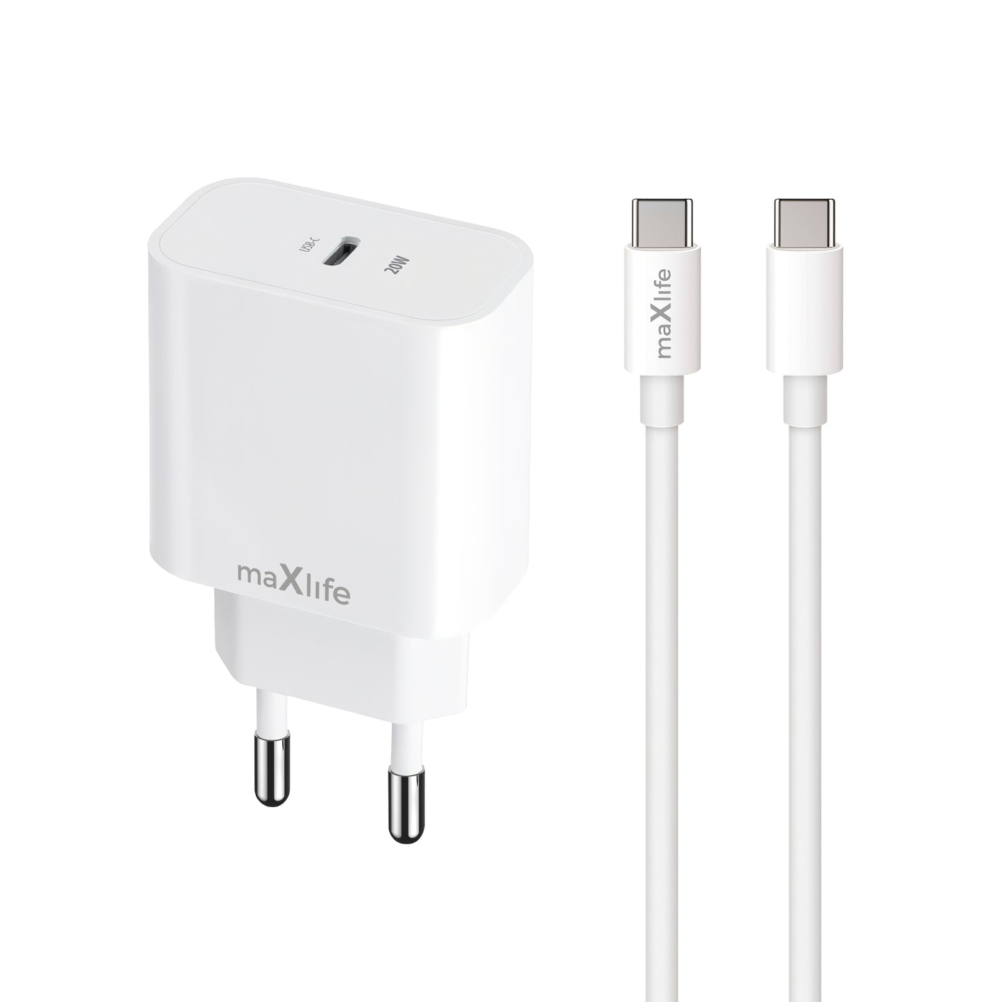 Punjač za mrežu sa USB-C kablom MaXlife MXTC-06-20C, 20W, 3A, 1 x USB-C, Bela