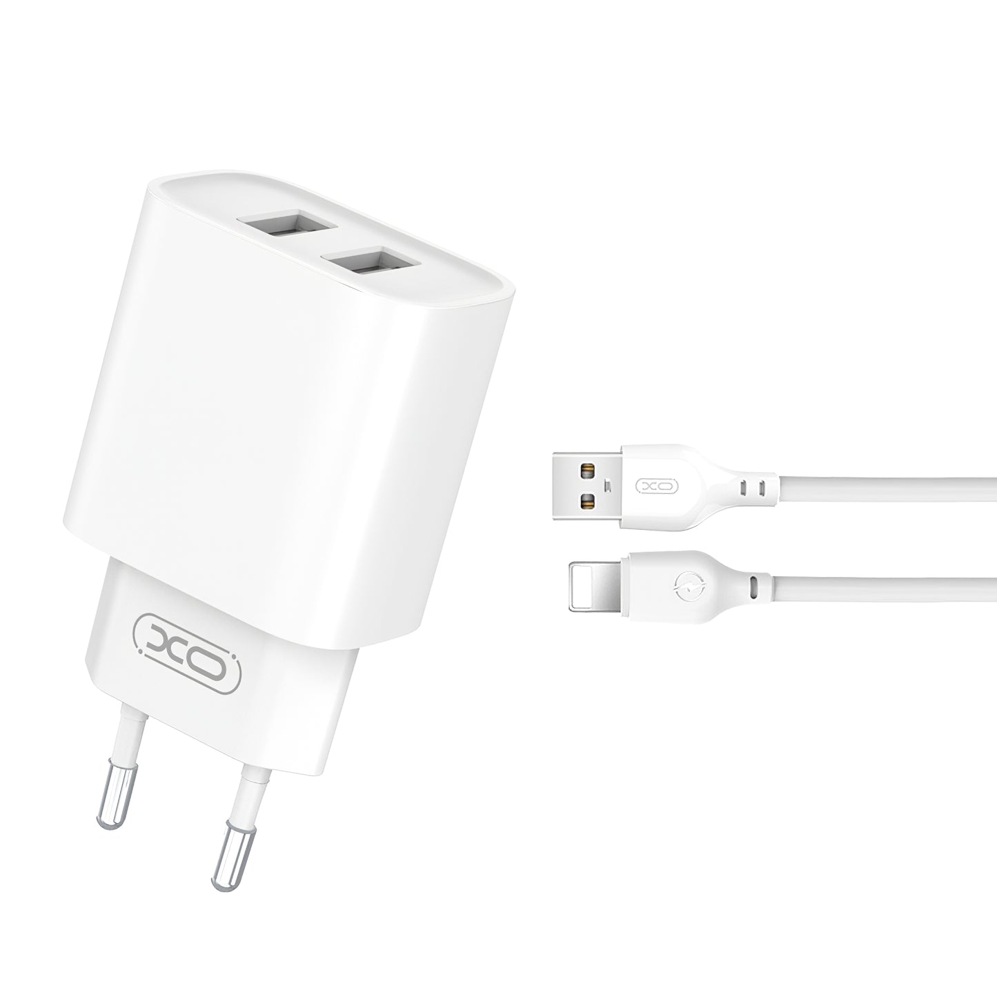 Punjač za mrežu sa Lightning kablom XO Design CE02C, 10.5W, 2.1A, 2 x USB-A, Beli