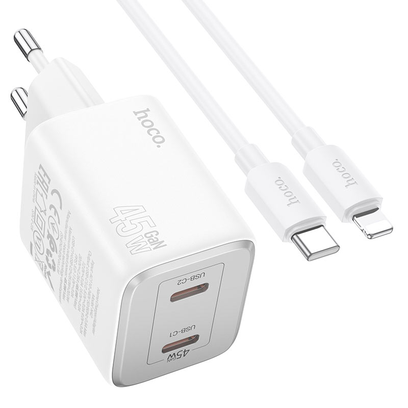 Punjač za mrežu sa Lightning kablom HOCO N42, 45W, 3A, 2 x USB-C, Beli