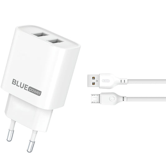 Punjač za mrežu sa mikroUSB kablom Blue Power BPCE02M, 10.5W, 2.1A, 2 x USB-A, Beli