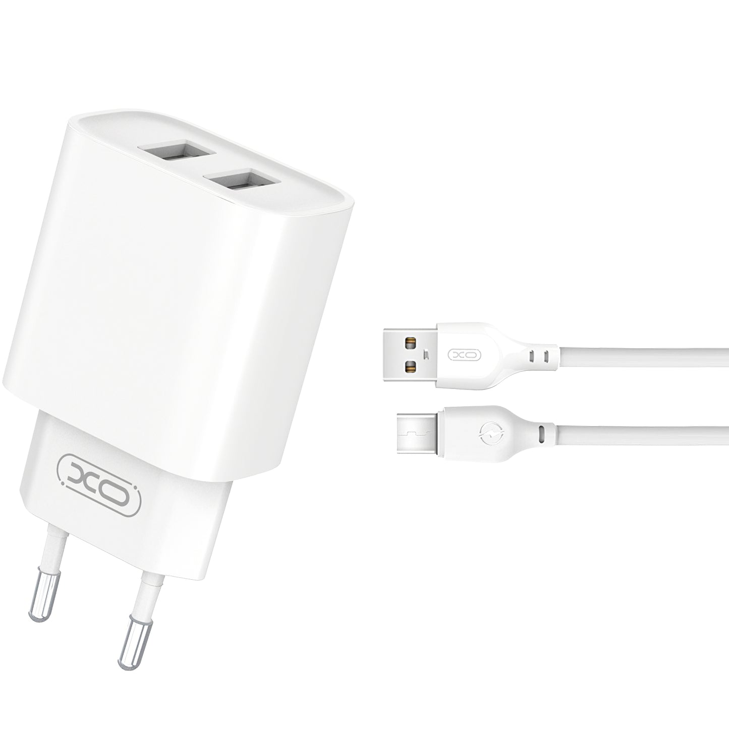 Punjač za mrežu sa USB-C kablom XO Design BPCE02C, 10.5W, 2.1A, 2 x USB-A, Beli