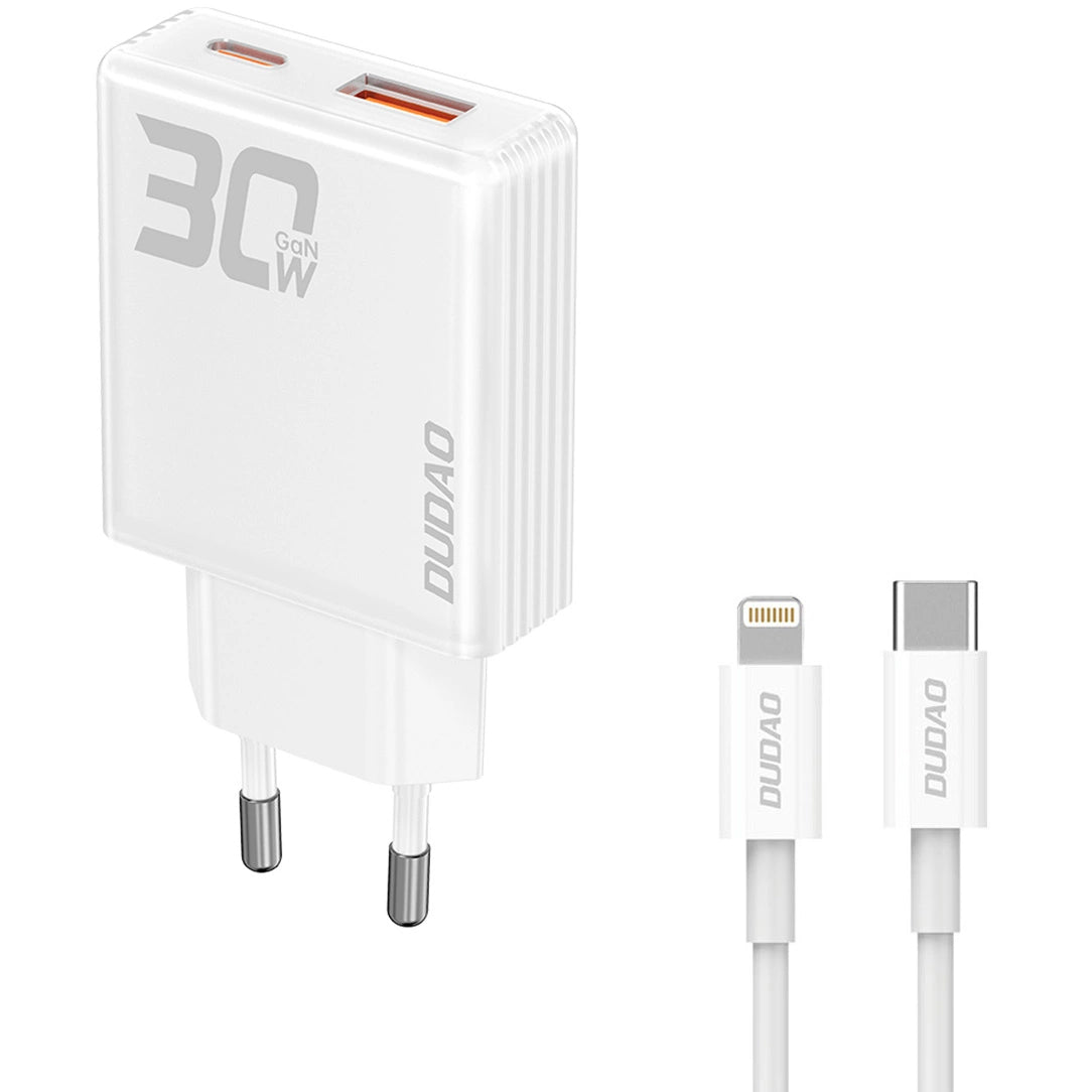 Punjač za mrežu sa Lightning kablom Dudao A30EUL, 30W, 3A, 1 x USB-A - 1 x USB-C, Beli
