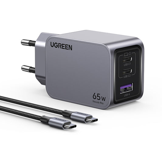 Punjač za mrežu sa USB-C kablom UGREEN X755 Nexode Pro, 65W, 3A, 1 x USB-A - 2 x USB-C, Sivi