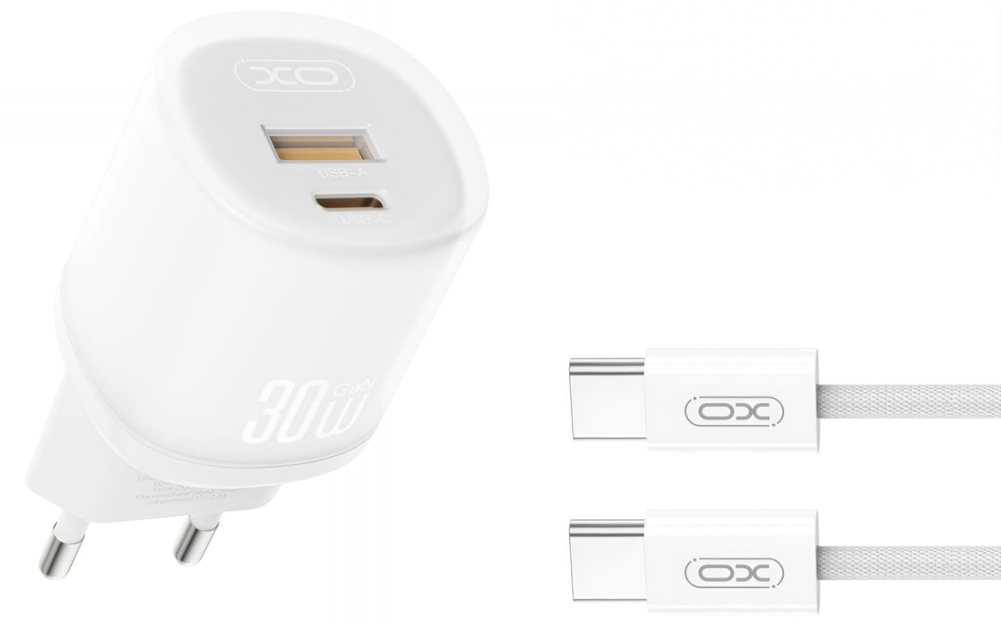 Punjač za mrežu sa USB-C kablom XO Design L151, 30W, 3A, 1 x USB-A - 1 x USB-C, Beli